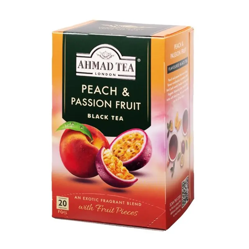 Melnā augļu tēja AHMAD Peach & Passion Fruit ar persiku un marakujas folijas paciņās 20x2g