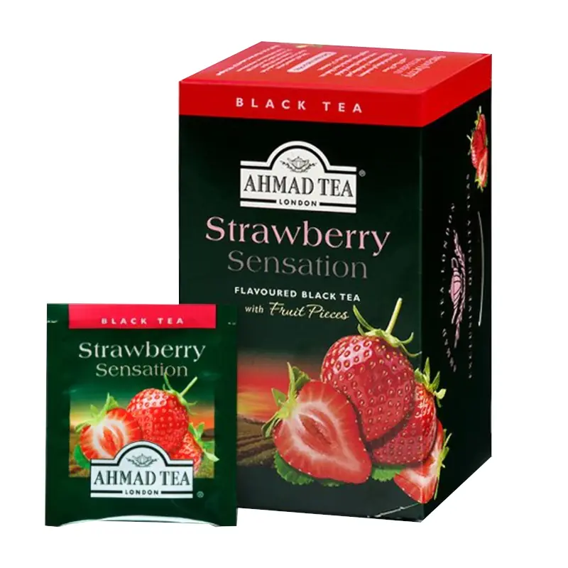 Zemeņu melnā augļu tēja AHMAD Strawberry Sensation folijas maisiņos 20x2g