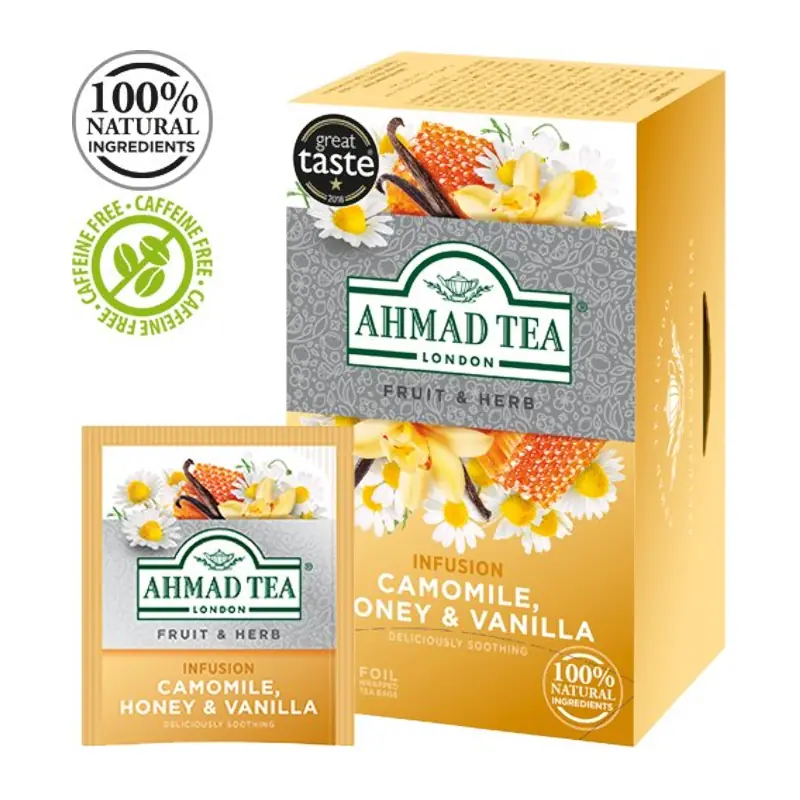 Zāļu tēja AHMAD Camomile, Honey & Vanilla Infusion folijas maisiņos 20x2g