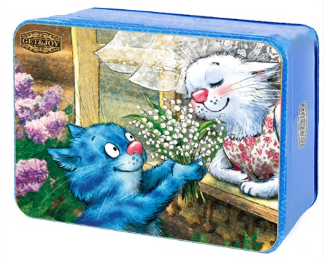 Melnā Ceilonas tēja kastītē ar zilo kaķu un maijpuķīšu attēlu