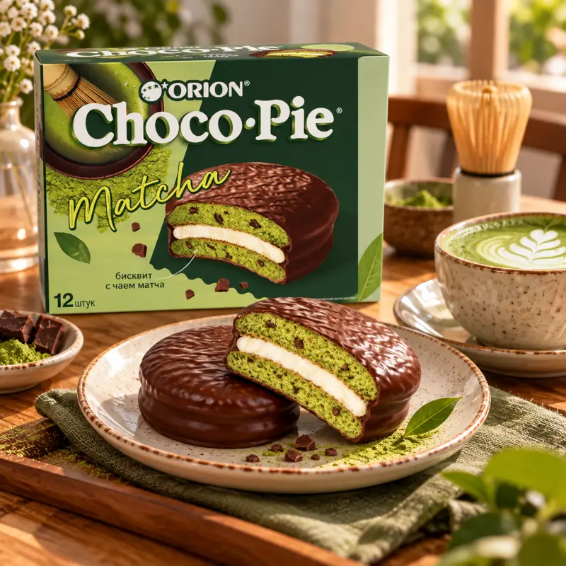 Orion un Choco Pie Matcha glazētie biskvīti ar mačas zaļās tējas garšu