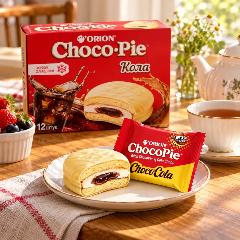 Glazētas biskvīta kūciņas "Orion" "Choco Pie Cola" ar kolas garšu un zefīra pildījumu