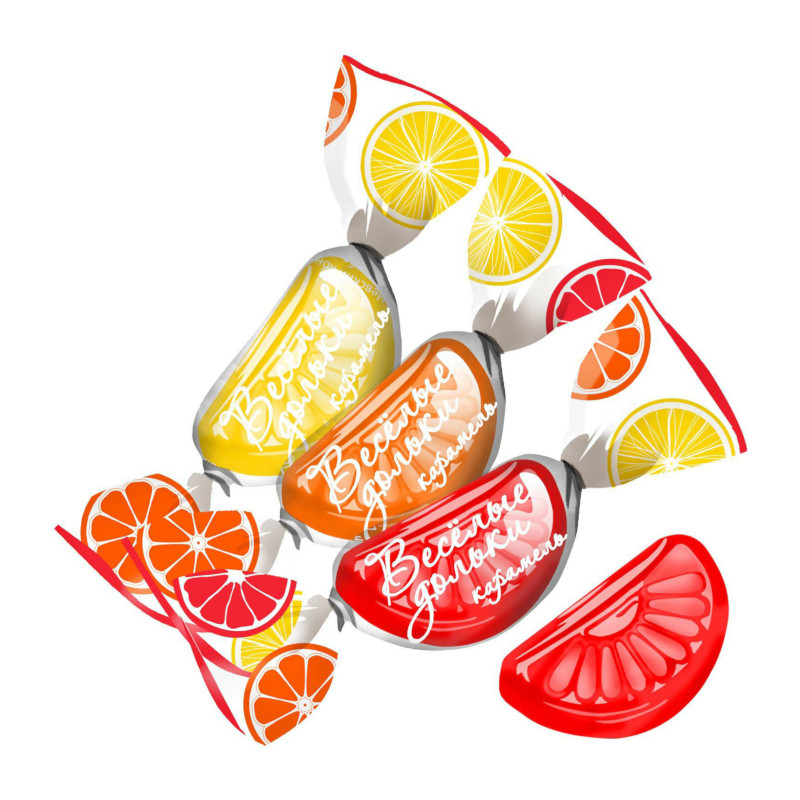 Karameļu konfektes "Веселые дольки" "Невский кондитер", apelsīns, citrons, greipfrūts