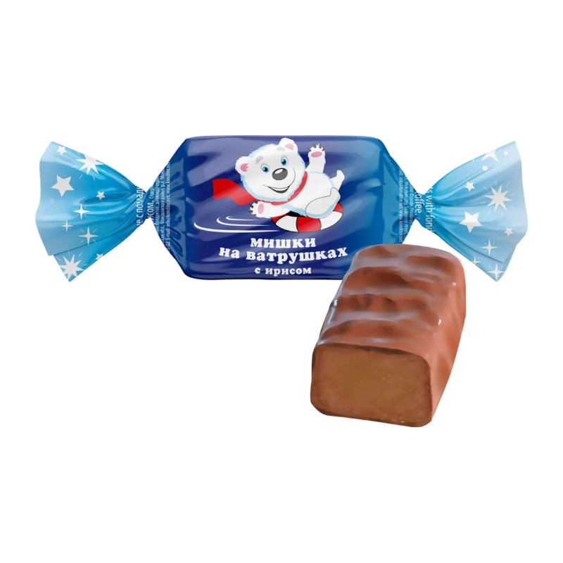 Konfektes "Мишки на Ватрушках" "Невский кондитер" fondants, īriss, kakao, iebiezinātais piens