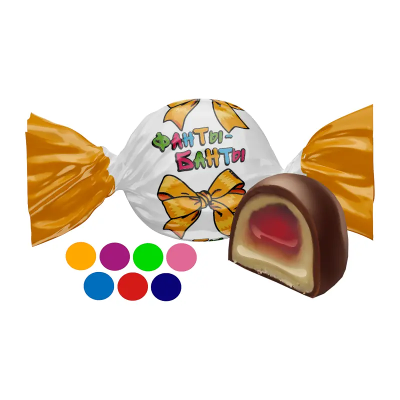 SweetLife Fanty-Banty glazētas konfektes ar īrisa apvalku un aveņu garšas pildījumu.