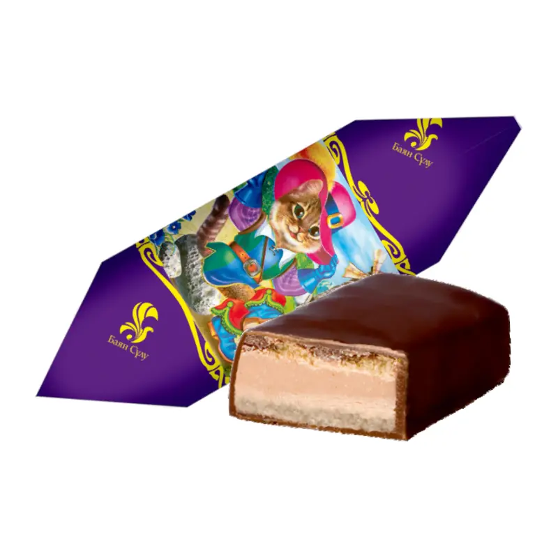 "Bayan Sulu" "Кот в сапогах" "Runcis zābakos" glazētas vafeļu konfektes