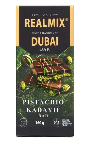 Realmix Dubai piena šokolāde ar pistācijām un smalkākajiem, kraukšķīgākajiem kadayif pavedieniem